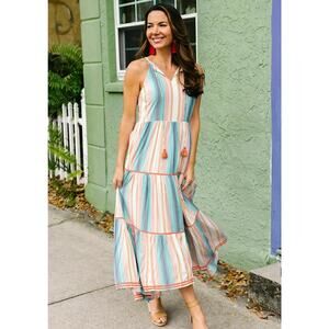 Matilda Jane Sunset Season Maxi Dress Size LARGE Halter Blue Pink Stripes Tiered